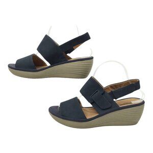 Clarks Reedly Breen Wedge Sandal Women 9 W Casual Comfort Adjustable Strap Blue